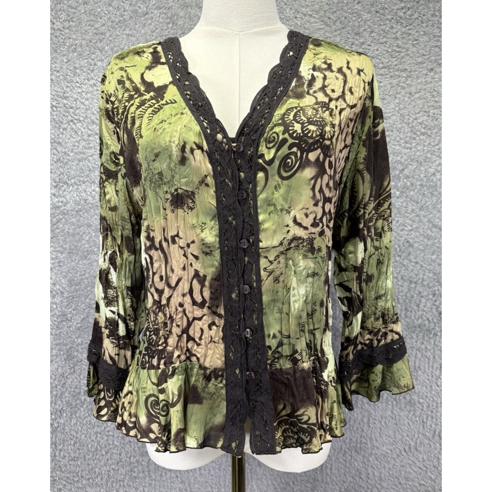 Dressbarn Womens M Green Floral Blouse Lace Trim Ruffle Bell Sleeve Boho Y2K